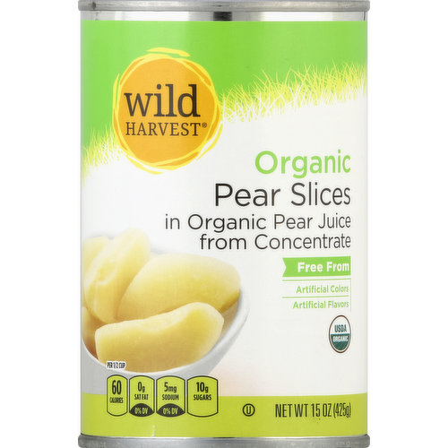 In organic pear juice from concentrate. Free From: artificial colors; artificial flavors. USDA organic. Per 1/2 Cup: 60 calories; 0 g sat fat (0% DV); 5 mg sodium (0% DV); 10 g sugars. All metal cans are 100% recyclable. Steel cans are the most recycled food package. Non BPA can liner. Certified organic by Yolo Certified Organic Culture. Supervalu Quality Guaranteed. We're committed to your satisfaction and guarantee the quality of this product. Contact us at 1-877-932-7948, or www.supervalu-ourownbrands.com. Please have package available. Gluten free. Please recycle this package. Live Free with Wild Harvest. Wild Harvest is a complete selection of products that are free from more than 100 artificial preservatives, flavors, colors, sweeteners and additional undesirable ingredients. Our products are pure and simple because they're flavored and colored by nature and created to support your family's healthy and active lifestyle. People of all ages love the taste of Wild Harvest foods. Product of USA.