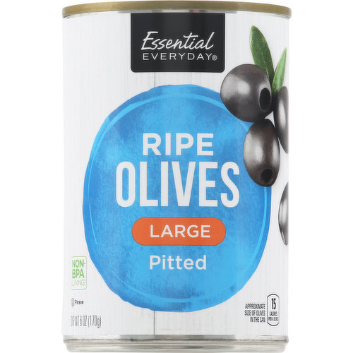 15 calories per 4 olives. Gluten free. Approximate size of olives in the can. 100% quality guaranteed. Like it or let us make it right. That’s our quality promise. 877-932-7948. essentialeveryday.com. www.essentialeveryday.com. For additional recipes, visit www.essentialeveryday.com. Non BPA lining (Can liner not derived from bisphenol-A (BPA). Please recycle. Product of USA.