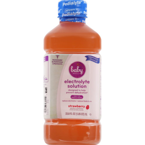 Natural flavor with other natural flavor. One Liter of Baby Basics Electrolyte Solution Provides: 45 mEq sodium; 20 mEq potassium; 35 mEq chloride. Recommended by pediatricians & pharmacists. Designed to help prevent dehydration (For mild to moderate dehydration). Great for kids & adults. Replaces electrolytes. Replaces fluids & zinc. Compare to Pedialyte (Pedialyte is a registered trademark of Abbott Laboratories. This product is not manufactured or distributed by Abbott Nutrition, Abbott Laboratories, the distributor of Pedialyte). Ready to use. Designed for fast, effective rehydration. Designed to help prevent dehydration (for mild to moderate dehydration) more effectively than common beverages. Baby Basics Electrolyte Solution quickly replenishes fluids, zinc and electrolytes to help prevent dehydration due to: vomiting & diarrhea; intense exercise; heat exhaustion; travel. 100% quality guaranteed. Like it or let us make it right. That's our quality promise. 877-932-7948. Questions or comments? 1-855-423-2630.