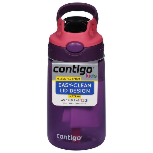 Contigo Kids Water Bottle, +Straw, Eggplant Punch, Autospout Cleanable, 14 Ounce