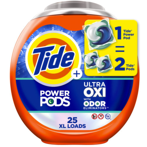 Tide Ultra OXI Power PODS with Odor Eliminators Laundry Detergent Pacs, 25 Count, For Visible and Invisible Dirt