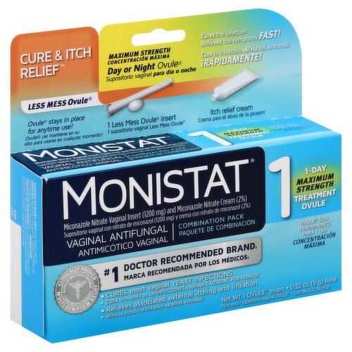 Monistat Cure & Itch Relief Vaginal Antifungal, 1-Day Treatment Ovule, Maximum Strength, Day or Night, Combination Pack