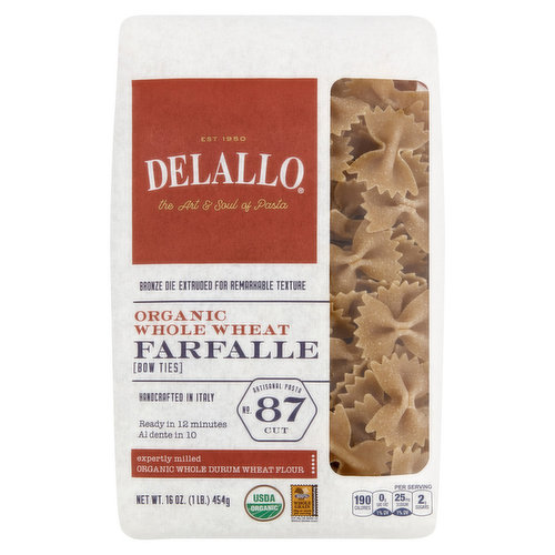 Delallo Farfalle, Organic, Whole Wheat, No. 87 Cut