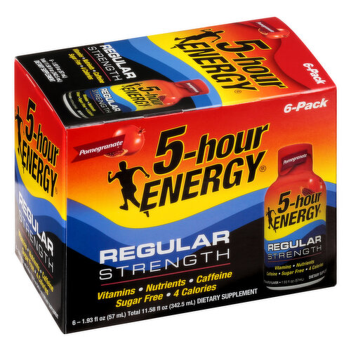 Dietary Supplement. Natural and artificial flavors. 4 calories. Sugar Free. Vitamins. Nutrients. Caffeine. Individual results may vary. www.5hourenergy.com. See www.5hourenergy.com for more details. This statement has not been evaluated by the Food and Drug Administration. This product is not intended to diagnose, treat, cure, or prevent any disease.