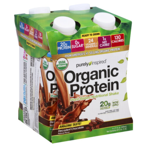 Natural flavor. 20 g protein. 0 g sugar (Not a low-calorie food). 24 vitamins + minerals. 1 net carbs (Not a low-calorie food). 130 calories. USDA Organic. Certified organic by QAI. 20 g Plant-Based Protein: Clean, plant-based protein from organic pea and organic brown rice. Non GMO. Dairy free. Soy free. Gluten free. Cholesterol free. No artificial colors, flavors or sweeteners. Read to drink. From America's number 1 selling organic protein. Amazing taste! Organic Nutrition on the Go: Premium plant-based protein shake made with wholesome organic ingredients, providing essential building blocks to fuel you throughout the day. Organic Matters: Farmed without the use of unapproved synthetic pesticides and fertilizers. Not for individual sale. Notice: Use this product as a food supplement only. Do not use for weight reduction. Also Available: Organic Protein Powders: Chocolate; Vanilla. www.pureinspired.com. Facebook: Like us on Facebook. Instagram: PurelyInspiredNutrition. Made in the USA from domestic and international ingredients.