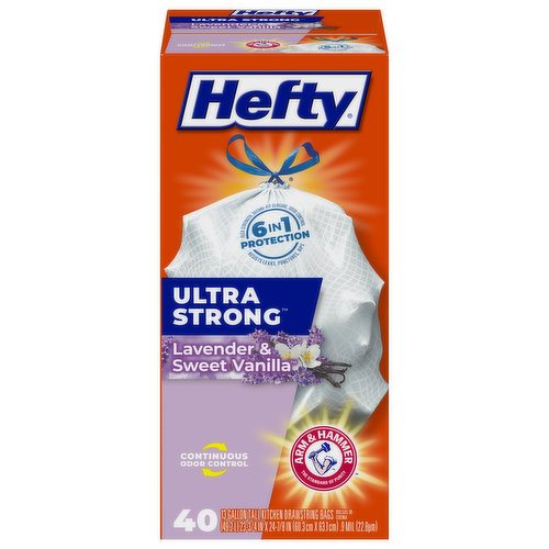 6 in 1 Protection: Flex strength, secure-fit closure. Odor control. Resists leaks. Punctures. Rips. Continuous odor control. Arm & Hammer: The standard of purity. 6 in Protection: 1. Flex strength. 2. Secure-fit closure. 3. Odor control. 4. Resists leaks. 5. Resists punctures. 6. Resists rips. Hefty is committed to advancing sustainable, end-of-life solutions for plastic waste. Check out www.hefty.com to learn more about our latest programs and products.