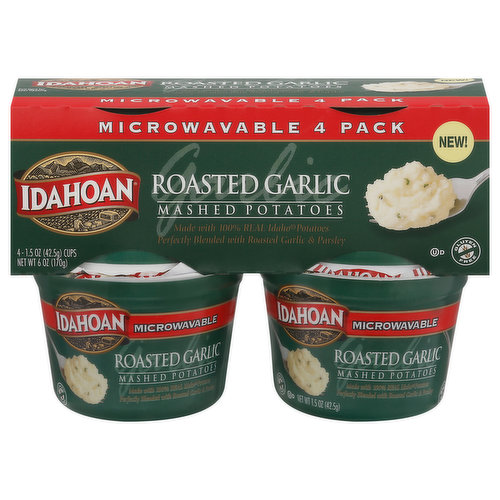 Idahoan Mashed Potatoes, Microwavable, Roasted Garlic, 4 Pack