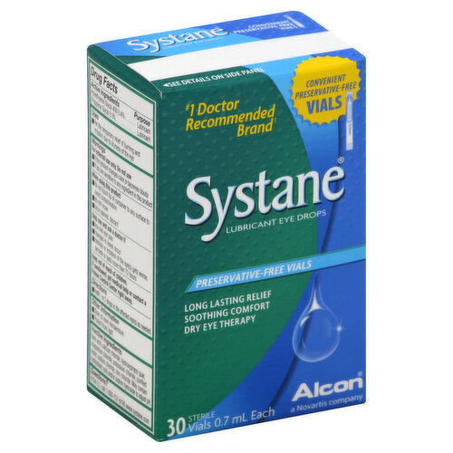 Other Information: Store at room temperature. Protect from light. Misc: Convenient preservative-free vials. Long lasting relief. Soothing comfort. Dry eye therapy. Sterile. No. 1 doctor recommended brand (Survey of Ophthalmologists and Optometrists, Harris Interactive, December 2008). Questions? In the US call 1-800-757-9195; www.systane.com. All-Day Comfort: Say good-bye to gritty, burning, dry eye discomfort. Systane Lubricant Eye Drops forms a unique soft gel shield to keep eyes feeling fresh and moist all day long. Long-Lasting Relief: Systane Lubricant Eye Drops provides soothing relief that lasts and lasts. Preservative-Free and Easy: Systane Lubricant Eye Drops comes in convenient preservative-free vials so you can enjoy freedom from dry eye anytime, anywhere. Guaranteed: Systane Lubricant Eye Drops is guaranteed to deliver long lasting relief from your dry eye symptoms. Prove it to yourself at no risk. If Systane Lubricant Eye Drops does not provide you with the relief you expect, we will immediately send you a full refund, if you return the unused portion with evidence of price paid to: Alcon Laboratories, Inc., 6201 South Freeway, Fort Worth, Texas 76134, Attn: Immediate and full refund. Made in France.