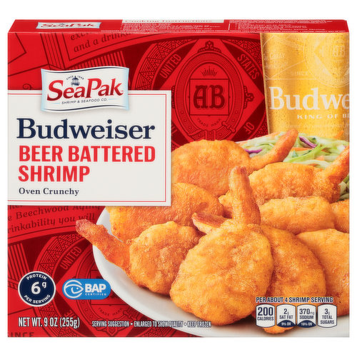 6 g protein per serving. Per About 4 Shrimp Serving: 200 calories; 2 g sat fat (9% DV); 370 mg sodium (16% DV); 3 g total sugars. Contains a bioengineered food ingredients. Since 1948. Shrimp & Seafood Co. Budweiser. Delicious seafood, trusted quality. At SeaPak, seafood sustainability is our never-ending mission. We're proud of our ability to deliver the highest-quality, most-sustainable products available, conserve natural resources, and drive positive change in the industry, to ensure delicious seafood can be enjoyed by generations to come. Crab is Good Food: The USDA recommends eating at least 8 oz of seafood a week for a healthier diet. BAP Certified: Processer; Farm; Hatchery; Feed. bapcertification.org. www.seapak.com. www.seapak.com/smartsourcing. Facebook. Instagram. YouTube. Need a new favorite recipe? Visit us at www.seapak.com. Search for new seafood recipes, discover the health benefits of seafood, and check out a boatload of SeaPak products. Committed to sustainability. Best Aquaculture Practices (BAP) certification standards require companies to comprehensively address environmental and social responsibility, animal welfare, food safety, and traceability throughout their operations. These shrimp are aquaculture shrimp. Processed in the USA. Delicious Seafood, Trusted Quality
At SeaPak, seafood sustainability is our never-ending mission. We're proud of our ability to deliver the highest-quality, most-sustainable products available, conserve natural resources, and drive positive change in the industry, to ensure delicious seafood can be enjoyed by generations to come.; Committed to Sustainability.
Best Aquaculture Practices (BAP) certification standards require companies to comprehensively address environmental and social responsibility, animal welfare, food safety, and traceability throughout their operations.
Best Aquaculture Practices
Processor
Farm
Hatchery
Feed
www.bapcertification.org