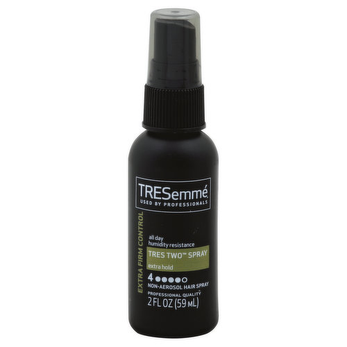 Non-aerosol hairspray. Used by professionals. Extra firm control. All day humidity resistance. Professional quality. Dispose of properly. For more salon secrets from our stylists go to tresemme.com. Questions/Comments? Contact us at 1-888-497-7054. Made in USA.
