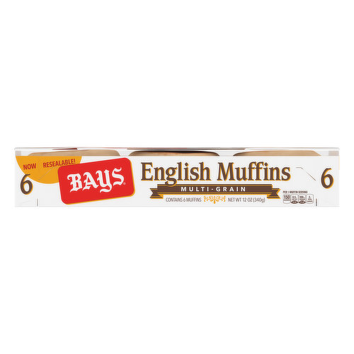Contains 6 muffins. Per 1 Muffin Serving: 150 calories; 0.5 g sat fat (3% DV); 390 mg sodium (17% DV); 2 g total sugars. Since 1933 Bays English Muffins have been made with quality ingredients, resulting in the rich, wholesome flavor and delightful texture that they're known for to this day. Made from the original family recipe, they crisp up golden brown and crunchy on the outside, soft and tender on the inside. While they are legendary for breakfast, they are also a great way to build a sandwich for lunch, a mini meal at dinner, a bun for your burger or a delicious snack anytime of day. For added convenience, they come pre-sliced and ready to go. And because freshness matters, from our bakery to your kitchen, we do everything possible to guarantee that any meal is Better with Bays. Presliced. 100% yum. www.bays.com. SmartLabel: Scan for more information. For more inspiring meal ideas, or if you have questions about our product, visit www.bays.com or call 1-800-FOR-BAYS. Now resealable!