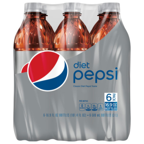 Classic diet Pepsi taste. Per Bottle: 0 calories; 0 g sat fat (0% DV); 50 mg sodium (2% DV); 0 g total sugars. Caffeine Content: 50 mg/16.9 fl oz. See unit container for manufacture's identity. www.pepsi.com.