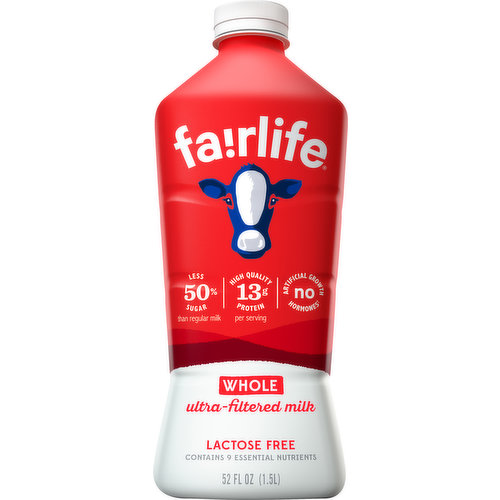 High quality 13 g protein per serving. Lactose Free. Less 50% sugar than regular milk. Per Serving: Fairlife Whole: 13 g protein; 6 g sugar; 380 mg calcium; no lactose. Regular Milk: 8 g protein; 12 g sugar; 276 mg calcium; yes lactose. Almond Milk (Compared to the leading brand of almond milk): 1 g protein; 7 g sugar; 451 mg calcium; no lactose. Ultra-filtered milk. Contains 9 essential nutrients. Artificial no hormones (FDA states: no significant difference has been shown between milk from cows treated and not treated with rBST growth hormones). We don't use rBST, but you deserve the whole story! Soft filters concentrate our milk's goodness, like protein & calcium while filtering out half of the natural sugars. From farm to bottle our system allow us to trace our milk back to the farms from which it came. We strive to deliver quality every step of the way. Sip, drink & chug ultra-filtered milk. Enjoy! Real. Homogenized, pasteurized, grade A. Grade A.  fairlife.com. Let's chat! 855-Livefair. Learn more at fairlife.com. Workout recovery by Fairlife. Try! Core Power Chocolate 26 g complete protein. . Recycle me. Remove label for better recycling.