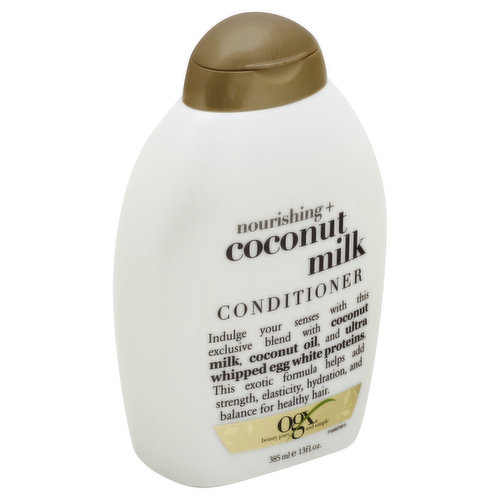 Indulge your senses with this exclusive blend with coconut mills, coconut oil, and ultra whipped egg white proteins. This exotic formula helps add strength, elasticity, hydration, and balance for healthy hair. OGX: Beauty pure and simple. Sulfate free surfactants. Hair care system (Includes shampoo and conditioner). Why We Love it: It's like a trip to the tropics in a bottle. The luxuriously creamy, foaming, hydrating formula leaves your hair feeling clean, glowing, softly scented and super soft. Our bottles are eco-friendly, manufactured with materials containing recycled post-consumer resin. Earth friendly environmental packaging. Not tested on animals. Questions? ogxbeauty.com. Reduce, reuse, recycle. Made in USA.