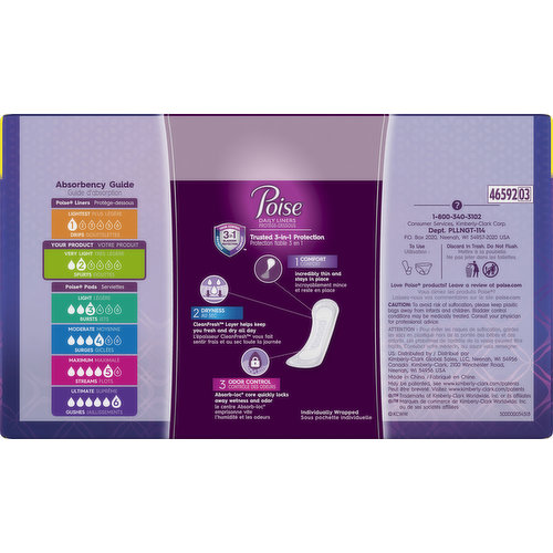 Poise Incontinence Panty Liners, Lightest Absorbency Pantiliners, Long Long