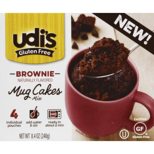 Naturally flavored. No artificial flavors or colors. 4 individual pouches. Certified Gluten-Free. Wheat & soy free. No artificial preservatives. New! Add water & stir. Ready in about a min. Treat yourself. Go on. Dig in! udisglutenfree.com. Follow us on Facebook; Twitter; Instagram. Paperboard packaging recyclable.