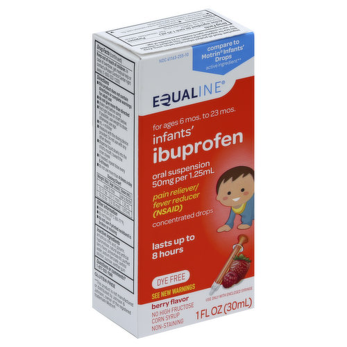 Other Information: Store at 68-77 degrees F (20-25 degrees C). Do not freeze. Do not use if printed neckband is broken or missing.  Misc: For ages 6 mos to 23 mos. Oral suspension 50 mg per 1.25 ml. Pain reliever/fever reducer (NSAID). Lasts up to 8 hours. Dye free. No high fructose corn syrup. Non-staining. Use only with enclosed syringe. Compare to Motrin Infants' Drops active ingredient (This product is not manufactured or distributed by Johnson & Johnson, owner of the registered trademark Motrin). See new warnings. Gluten free. 100% quality guaranteed. Like it or let us make it right. That's our quality promise. 877-932-7948 supervaluprivatebrands.com.