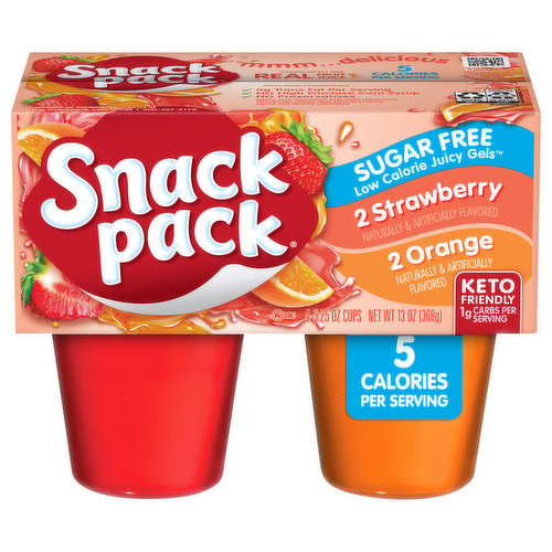 2 Strawberry. 2 Orange. Low Calorie Juicy Gels. Orange: Naturally and artificially flavored. Strawberry: Naturally and artificially flavored. 5 calories per serving. 0 g trans fat per serving. 1 g carbs per serving. Gluten free. Low calorie. Keto friendly. Mmm - delicious. Made with 10% real fruit juice. Apple from concentrate. No high fructose corn syrup. No preservatives. Adipic acid and citric acid used for flavor. Potassium citrate and sodium citrate added for proper thickness. www.snackpack.com. how2recycle.info SmartLabel: Scan or call 1-800-457-4178 for more food information. Questions or comments, visit us at www.snackpack.com or call 1-800-457-4178.