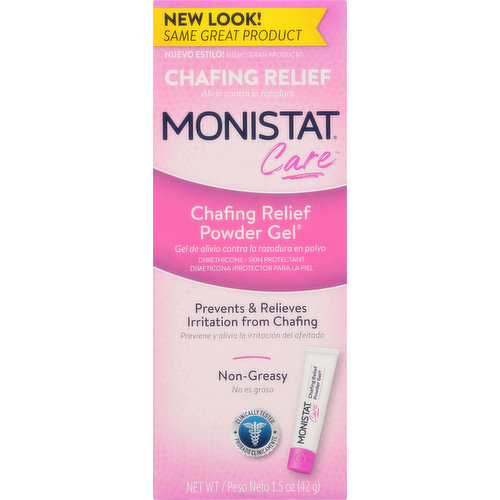 Other Information: Store at 20 degrees - 25 degrees C (68 degrees - 77 degrees F). New look! Same great product. Chafing relief. Dimethicone / Skin protectant. Prevents & relieves irritation from chafing. Non-Greasy. Clinically tested. Silhouette of tube is actual size. Fragrance free. Non-irritating. Non- staining. Dries to silky finish. Gentle enough to use every day. On-the-go prevention and relief from chafing and irritation of skin in delicate areas: Inner thighs. Bikini area. Under arms. Breasts. Monistat.com. Questions? 1-877-666-4782 Monistat.com.