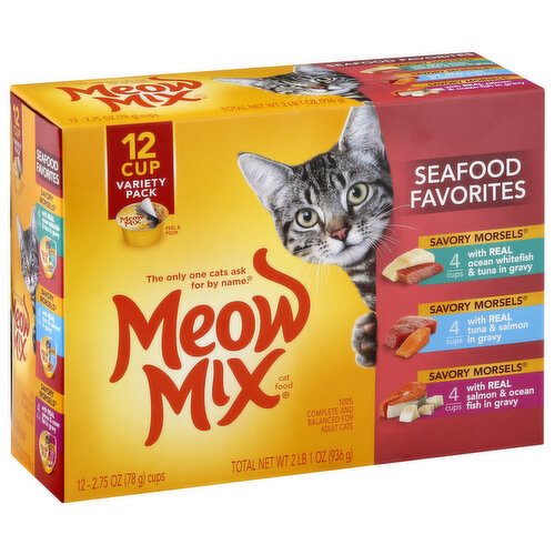Meow Mix Savory Morsels Cat Food, Seafood Favorites, 12 Cup Variety Pack