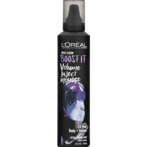 Advanced hairstyle. New look. 24 hour body + volume. Extra strong hold. Soft touch. Artist Collaboration Series: Special edition packaging designed by international artist & fashion collaborator Stina Persson whose water-color work brings to life images inspired by organic shapes in nature. Boost It Volume Inject Mousse: Our high-performance, lightweight, aerated mousse gives lifeless hair a volume injection for 24 hours. Infused with thickening agents, hair is boosted for a long lasting, bouncy and volumized look. Advanced formula. Fibralock tech boosts style endurance. A workable, holding matrix that locks style strand by strand. Heat protection. lorealparisusa.com/hairstyles. www.lorealparis.com. For the latest looks and trends visit lorealparisusa.com/hairstyles. Made in Canada.