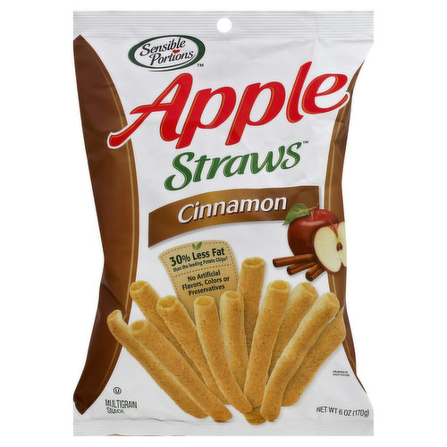 Multigrain snack. 30% less fat than the leading potato chips (Per 1 oz Serving: This Product - 7 g fat; Leading Potato Chip - 10 g fat). No artificial flavors, colors or preservatives. Snack smart. Resist less. What makes our snacks so irresistible? The combination of pureed apples and 30% less fat than the leading potato chip (Per 1 oz Serving: This Product - 7 g fat; Leading Potato Chip - 10 g fat) provides a better-for-you snack. Next, we provide the perfect pairing for an apple through sprinkling with ground cinnamon. Some say it tastes like an apple pie, others say it tastes like a baked apple. What do you think? Snack more. Guilt less. Our straws are not quite a chip, crisp, or stick. With these airy, crunchy straw snacks, you'll never want to stop snacking - and with this guiltless snack, you won't have to! That is why we call ourselves Sensible Portions. What is your favorite flavor? These tempting straw snacks also come in other varieties such as Garden Veggie Straws Sea Salt, Garden Veggie Straws Zesty Ranch or Garden Veggie Chips, perfect for dipping. Like us on Facebook. Want more ways to be sensible? Visit us at www.sensibleportions.com for more information. 30% less fat than the leading potato chips (Per 1 oz Serving: This Product - 7 g fat; Leading Potato Chip - 10 g fat). Non-GMO. Certified Kosher. 0 g trans fat. No artificial colors, flavors or preservatives. 0 mg cholesterol. Vegan. Write us at: Sensible Portions Consumer relations, 4600 Sleepytime Drive, Boulder, CO 80301 or call: 800-913-6637. www.sensibleportions.com. TerraCycle: Recyclable through the TerraCycle network of collection programs. www.terracycle.com.