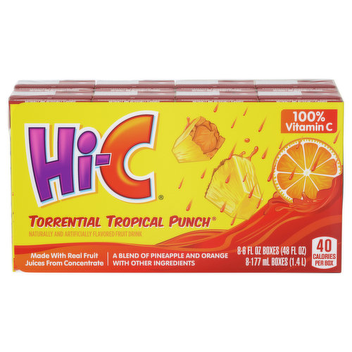 Flavor your fun with real fruit juice. Anytime. Anywhere. Each Hi-C drink box contains a full days supply of Vitamin C, is made with real fruit juice, and has the great taste your kids love.

Let the flavor rain down as you take your taste buds on a tropical trip with the perfect mix of pineapple, pear, and orange.
Available in convenient and portable 6 fl oz juice boxes.
