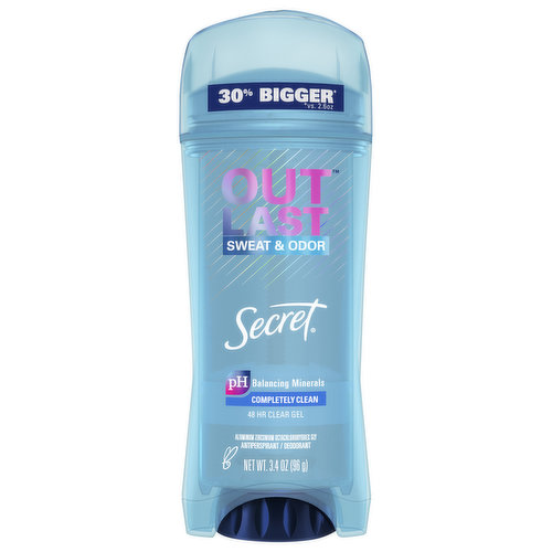 Sweat is the last thing you need to be worried about. Take one worry off of your plate first thing in the morning. With a couple quick swipes, you'll have confidence all day. Secret Outlast fights sweat better* so you get all strength and no sweat for 48 hours. Clear Gel goes on clear for no white marks. When you use Secret, you're getting the peace of mind that your deodorant will work as hard as you do.
*Vs. Leading invisible solid