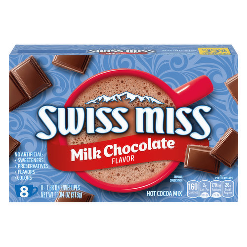Makes a 33% larger mug than the next leading brand (When prepared according to package directions; Swiss Miss makes 8 oz mug of cocoa, next leading brand 6 oz). No Artificial: sweeteners; preservatives; colors.