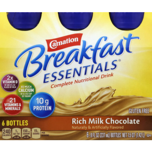 Complete nutritional drink. Naturally & artificially flavored. Per Serving: 240 calories; 1 g sat fat (5% DV); 150 mg sodium (6% DV); 15 g sugars. Gluten free. 2x vitamin D of an 8 fl oz glass of milk. As much calcium as a 6 oz cup of yogurt. 21 vitamins & minerals. 10 g protein. Produced with genetic engineering. Suitable for lactose intolerance (Not for individuals with galactosemia). Good nutrition from the start. Provides Choline: Contains 55 mg choline per serving, which is 10% of the daily value (DV) for choline (550 mg). The nutrition of a balanced breakfast. Nutritional Compass: Nestle Health Science - It's good to know. Excellent Source of: Protein to help build muscles. Calcium & vitamin D to help build strong bones. 21 vitamins & minerals in each Carnation Breakfast Essentials ready to drink bottle. Provides essential nutrients to help start your day. Questions/Comments: 1-800-289-7313 Monday-Friday, 8 am - 8 pm ET. Scan code for more information about this and other Carnation Breakfast Essential products. For product information and recipe ideas visit us at carnationbreakfastessentials.com. Try our other product varieties and flavors! Nutritional information varies for each variety. Please recycle this overwrap.