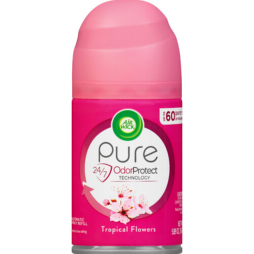 Free from: Phthalates, Acetone. 24/7 odor protect technology. Nothing but the ingredients you need. Great fragrance. No added water. Helpers: C13-14 Isoparaffin, carries the fragrance butane, hydrofluorocarbon 152a, propane. Propels the fragrance. Health. Hygiene. Home. Up to 60 days (Based on low setting) of freshness. www.airwick.com. For more ingredient information visit www.airwick.com. Questions? Call 1-800-228-4722. For more information visit www.inhalant.org. Environmental Tips: Please recycle when empty. This steel can is recyclable.