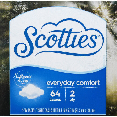 Each Sheet: 8.4 in x 7.5 in (21.3 cm x 19 cm). Softness you can feel. Hypoallergenic. No fragrance added. scottiesfacial.com. Instagram. Facebook. Find Scotties Facial Tissues on Facebook and Instagram. Comments or questions? Please Contact: 1-800-952-6633 (9am-5pm ET, weekdays). Visit us at scottiesfacial.com. Carton made from 100% recycled paperboard, minimum 35% post-consumer content. Sustainable Forestry Initiative: Certified Chain of Custody. Promoting sustainable forestry. www.sfiprogram.org. All Scotties products meet the SFI Chain of Custody requirements. Made in Canada.