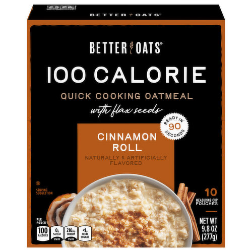 Better Oats Oatmeal, with Flax Seeds, 100 Calorie, Quick Cooking, Cinnamon Roll