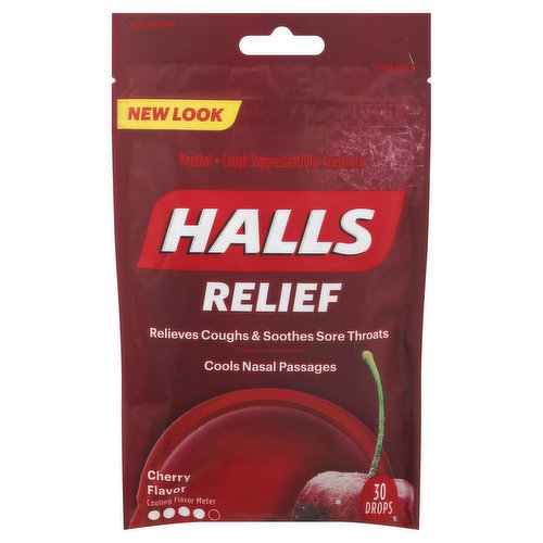 Per Drop Other Information: 10 calories per drop. Contains: soy. Menthol. Cough suppressant/oral anesthetic. New look. Relieves coughs & soothes sore throats. Cools nasal passages. Cooling Flavor Meter: 4. www.gethalls.com. Questions? Call 1-800-524-2854, Monday to Friday, 9 AM - 6 PM Eastern time or visit our website at www.gethalls.com. The right halls for the right moment. Halls relief. Hall soothe. Relieves coughs soothes sore throats. Halls breezers. Soothes everyday throats irritations. Halls defense. Helps support the immune system. Resealable bag. Made in Canada.