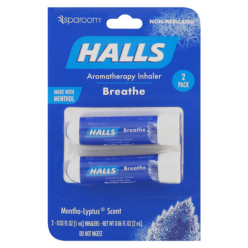 SpaRoom Halls Aromatherapy Inhaler, Breathe, Mentho-Lyptus Scent, 2 Pack