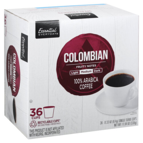 Fruity Notes: Light; medium; dark. This product is not affiliated with Keurig, Incorporated. Great products at a price you'll love: that's Essential Everyday. Our goal is to provide the products your family wants, at a substantial savings versus comparable brands. We're so confident that you'll love Essential Everyday, we stand behind our products with a 100% satisfaction guarantee. 2.0 compatible. Recyclable cups (recycle cups in 3 steps: 1. Allow at least 2 minutes to cool cup. 2. Carefully peel off foil lid and dispose of lid and contents. 3. Recycle plastic cup where accepted). See side panel for details this product is not affiliated with Keurig, incorporated.