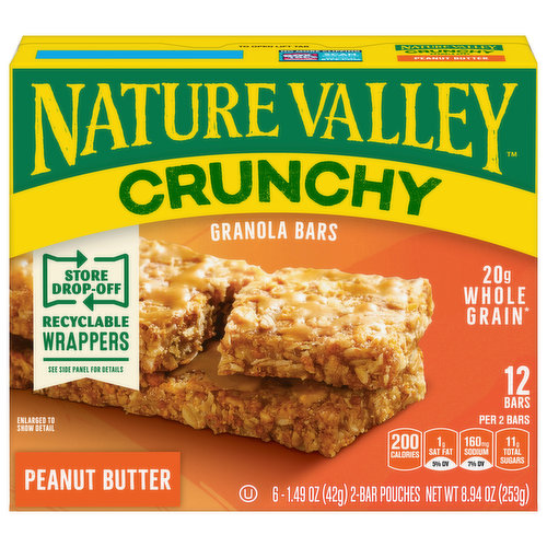 Nature Valley Peanut Butter Crunchy Granola Bars are a tasty snack made with whole-grain oats and creamy peanut butter. There are no artificial flavors, colors or high fructose corn syrup, and these snack bars pack an excellent source of whole grains with 20 grams per serving! It's a breakfast bar, an office snack or an on-the-go treat the whole family can enjoy.