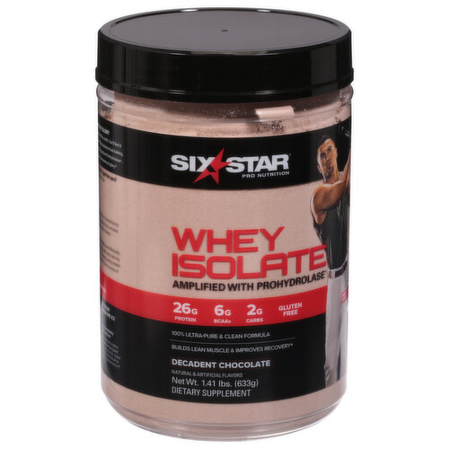 Pro nutrition. Amplified with prohydrolase. Builds lean muscle & improves recovery. Giancarlo Stanton - MVP Outfielder. Transform Your Workouts Into Moments of Glory: Glory. You won't find it at the goal line, the top of the key or the bottom of the ninth. You'll find it in sweat, sacrifice and hard work. That's why we engineered Six Star whey isolate to fuel training, support recovery and help you grind it out. And, with the advanced ingredient ProHydrolase, it's scientifically formulated to transform your everyday workouts into moments of glory. Is Six Star Whey Isolate Amplified with ProHydrolase Right for You? Formulated for those who find glory in the grind, Six Star whey isolate can. Boost your protein intake. Help build lean muscle. Accelerate workout recovery. The Result? A Clean, Ultra-Pure Protein: It's micro-filtered to reduce fat, lactose and impurities, and it's gluten free. To maximize its effectiveness, take before and after workouts. On days you're not grinding it out, consume anytime or between your two largest meals. Mix with water and stir, shake or blend. What is ProHydrolase? Besides sounding epic ProHydrolase improves protein digestion safely and effectively. So what does that mean? Put simply, you'll absorb more amino acids with every serving - in one study, subjects absorbed 20% more amino acids than when taking whey protein alone. That means ProHydrolase will help maximize the benefits of every scoop of Six Star Whey Isolate. Six Star whey isolate is manufactured according to cGMP standards, as is required for all dietary supplements.