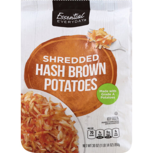 Made with grade A potatoes. Per 1 Cup: 70 calories; 0 g sat fat (0% DV); 0 mg sodium (0% DV); 0 g total sugars. Great products at a price you’ll love – that's Essential Everyday. Our goal is to provide the products your family wants, at a substantial savings versus comparable brands. We're so confident that you'll love Essential Everyday, we stand behind our products with a 100% satisfaction guarantee. 100% quality guaranteed. Like it or let us make it right. That's our quality promise. 877-932-7948; essentialeveryday.com. For recipes, visit www.essentialeveryday.com. Product of USA.
