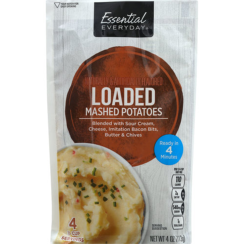 Blended with sour cream, cheese, imitation bacon bits, butter & chives. Naturally & artificially flavored. Gluten free. Contains bioengineered food ingredients. 4-1/2 cup servings. Ready in 4 minutes. Great products at a price you’ll love - that’s Essential Everyday. Our goal is to provide the products your family wants, at a substantial savings versus comparable brands. We’re so confident that you’ll love Essential Everyday, we stand behind our products with a 100% satisfaction guarantee. 100% Quality Guaranteed: Like it or let us make it right. That’s our quality promise. essentialeveryday.com.