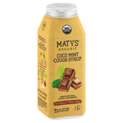 Dietary Supplement For ages 1+. USDA Organic. Certified Organic by CCOF. Gluten free. Dairy free. Naturally drug free. Made with real cocoa & peppermint. Whole food health. Soothes coughs due to dry, irritated throats. We curate our ingredients from mother nature's cupboard. Honey; sea salt; apple cider vinegar; lemon balm extract; ceylon cinnamon; cocoa powder; peppermint; ginger; marjoram; clove. Immune support in every spoonful. Our syrup is made with pure, organic honey. It can get thick. Shake vigorously before each use. Alcohol free. Contains no artificial preservatives, color additives, sweeteners, corn, or wheat. This product is produced in a shared facility. Mother Nature's Apothecary: When modern medicine didn't work for her baby girl, Maty's mom turned to the inherent wisdom of another Mother Nature to create pure, whole food-based alternatives. Recipes from simpler times that are even more effective today. This bottle is functionally filled to 6 fl oz to leave room for shaking as necessary. matyshp.com. Instagram: Follow us (at)Matys. Vitamin Angels: We donate a portion of every sale to Vitamin Angels. (These statements have not been evaluated by the Food and Drug Administration. This product is not intended to diagnose, treat, cure or prevent any disease.) Made in America with global ingredients.