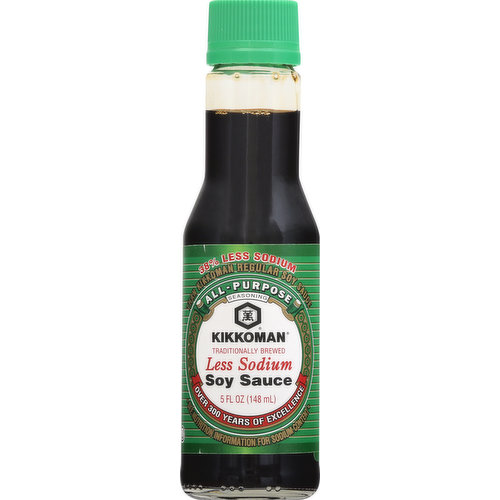 All-purpose seasoning. 38% less sodium than Kikkoman regular soy sauce. See nutrition information for sodium content. Traditionally brewed. Over 300 years of excellence. Kikkoman Less Sodium Soy Sauce contains 590 mg of sodium per serving, compared to 960 mg in our regular Soy Sauce. Use it as you would our regular Soy Sauce; for basting, marinating, as an ingredient in sauces, vegetables, stews and soups. www.KikkomanUSA.com. Visit us at www.KikkomanUSA.com. Brewed in USA.