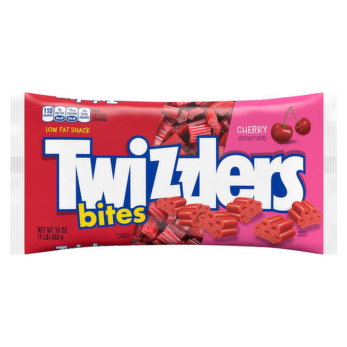 TWIZZLERS Bites cherry-flavored chewy candy is just what you need to add a little more bite-size excitement to your everyday snack routine. These tasty bits may be small, but they're mighty on cherry flavor and fun, and they make a great low fat snack! Grab a few of these chewy, cherry-flavored TWIZZLERS Bites candies during your lunch break or share a few with your friends at a picnic. Better yet, keep a supply of TWIZZLERS cherry flavored treats for a family-fun movie marathon or for after dinner as a dessert. If you're ready for even more flavor, use these sweet snacks as ice cream sundae toppers. TWIZZLERS Bites chewy candies are the perfect bite-size treats. They're fun to share and easy to grab when you're on the move! The sealed pack keeps your TWIZZLERS Bites candy fresh for whenever you're ready to dive in.