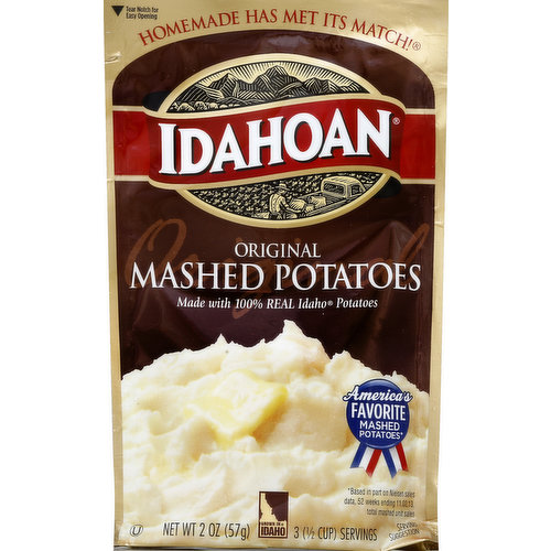 3 (1/2 cup) servings. Made with 100% real Idaho potatoes. Homemade has met its match! America's favorite mashed potatoes (Based in part on Nielsen sales data, 52 weeks ending 11.02.13. Total mashed unit sales). Gluten free. Satisfaction guaranteed. Questions or comments? Call 800.746.7999. Homemade taste every time. Visit us at Idahoan.com or find us on: Facebook/Idahoanfoods; Twitter at IdahoanFoods; YouTube: IdahoanFoods; Pinterest: Idahoan Potatoes. Grown in Idaho. Made in the USA.