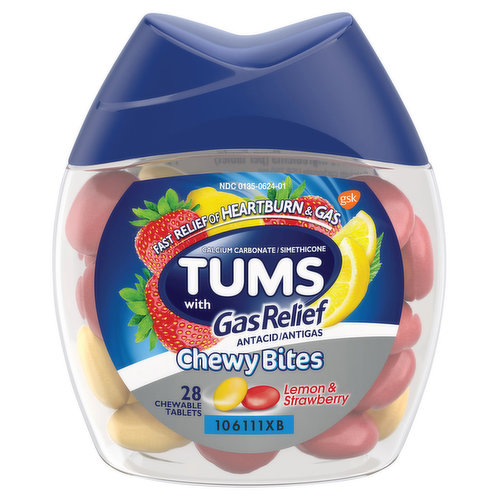 Tums Antacid/Antigas, with Gas Relief, Chewy Bites, Chewable Tablets, Lemon & Strawberry