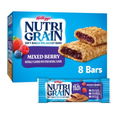 Come prepared for busy mornings with Nutri-Grain. Includes one, 10.4-ounce box containing eight Nutri-Grain Mixed Berry Breakfast Bars. These delicious and convenient mixed berry-flavored bars are a great start to any morning and help empower parents and kids to win the day. With tasty fruit flavor that kids will love, 8g of whole grains, and a good source of 8 vitamins and minerals, these bars are a balanced addition to any breakfast. Grab a pouch for the kids to eat at home in the morning; pack a snack for the bus on the way to school. Nutri-Grain Soft Baked Breakfast Bars not only make a tasty addition to your morning, they're also a great choice when you're packing gift baskets or care packages; the delicious options are endless. With this convenient and perfectly baked bar, savvy parents and kids will feel prepared for whatever the day may bring.
