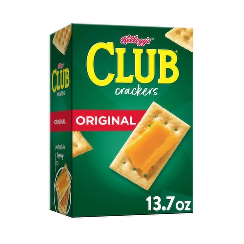 Savor deliciously simple snacking with the light, flaky, and buttery taste of Kellogg's Original Club Crackers. Includes One, 13.7-ounce box of Club Crackers made with no artificial colors or flavors. Enjoy the classic flavor with a hint of salt for a melt-in-your-mouth texture. Great as a stand-alone snack or pair with favorite toppings. An easy win with no cholesterol (0.5g monounsaturated fat, 2g polyunsaturated fat) and low in saturated fat (3g total fat per serving); Reach for a box to satisfy snack cravings at home, between meetings, errands or after class. Pair with dips, cheeses, deli meats, peanut butter and more to make family time, game nights and gatherings memorable. They're right at home in lunch boxes and ideal for preparing easy meals or treats for your kids or yourself. Whatever the occasion, the always-right buttery flavor of Kellogg's Original Club Crackers is ready to delight. It's that simple.