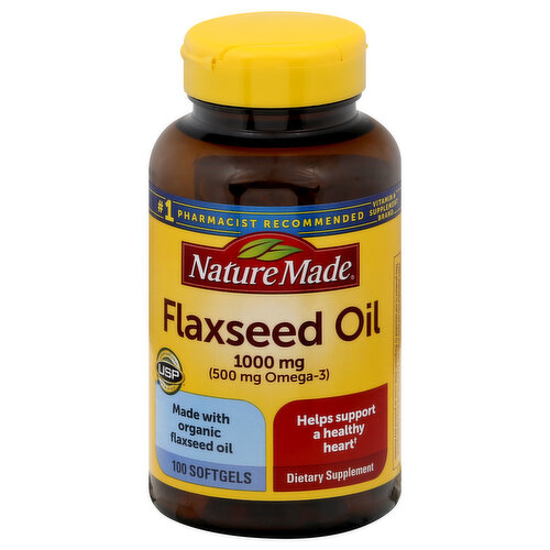 Dietary Supplement. List No. 1617. L600. USP verified dietary supplement. USP has tested and verified ingredients, potency and manufacturing process. USP sets official standards for dietary supplements. www.uspverified.org. No artificial flavors. Made with organic flaxseed oil. Certified Organic by Organic Certifiers. Gluten free. Helps support a healthy heart. No color added. (Based on Pharmacy Times Survey of pharmacists recommending flaxseed oil supplements). www.NatureMade.com. (This statement has not been evaluated by the Food and Drug Administration. This product is not intended to diagnose, treat, cure or prevent any disease.)