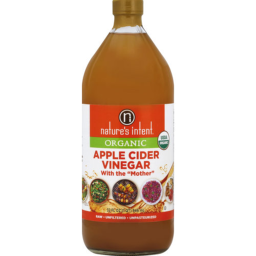 With the Mother. Raw. Unfiltered. Unpasteurized. USDA organic. Nature's Intent Organic Apple Cider Vinegar can brighten & awaken your favorite foods & recipes. Since 1804, we have crafted vinegar with care in our family for eight generations! naturesintentvinegars.com. Questions or comments, please call: 1-866-819-2323. Gluten free. Certified organic by Quality Assurance International. Save $1.00 on any one (1) Nature's Intent organic apple cider vinegar. Consumer: Only use this coupon to purchase products specified. You must pay sales tax. Retailer: We will reimburse you the face value of the coupon plus 8 cents handling, provided you honor this coupon for retail sales of the product specified and furnish proof of purchase upon request. Coupons not redeemed legitimately could violate US Mail Statutes. Void when duplicated, transferred, assigned, taxed, restricted or where prohibited. Cash value 1/100 cents. Limit one coupon per purchase. Redemption Address: Mizkan America, Inc., CMS Dept. No. 51192, 1 Fawcett Drive, Del Rio, TX 78840. Just the way nature intended. Raw, unfiltered and unpasteurized - perfect for every dish. Discover recipes and tips at NatureIntentVinegars.com.