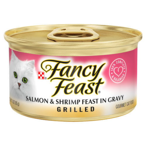 100% complete & balanced. Fancy Feast Grilled Salmon & Shrimp Feast in Gravy is formulated to meet the nutritional levels established by the AAFCO Cat Food Nutrient Profiles for all life stages. Calorie Content (Calculated) 828 kcal/kg, 70 kcal/can.